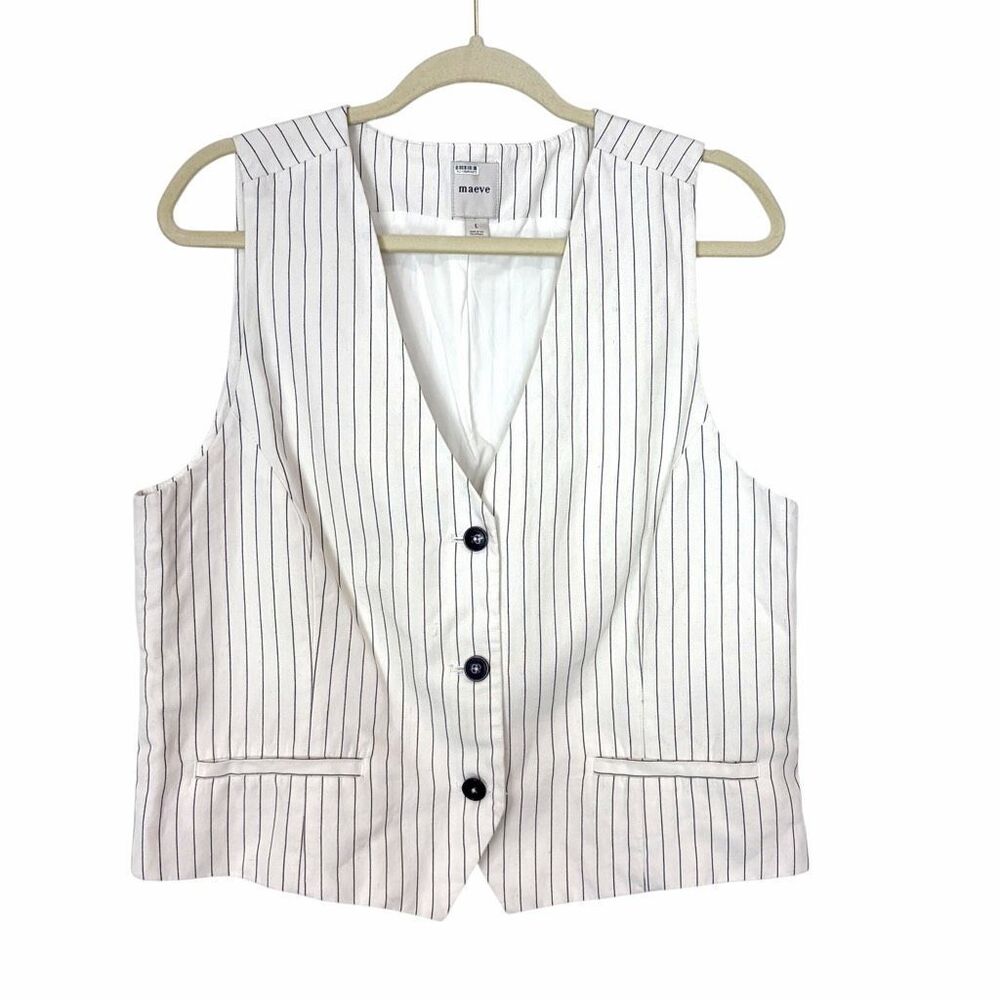 Anthropologie Maeve Blouse Womens Large White Black Striped V-Neck Linen Blend - Picture 3 of 16